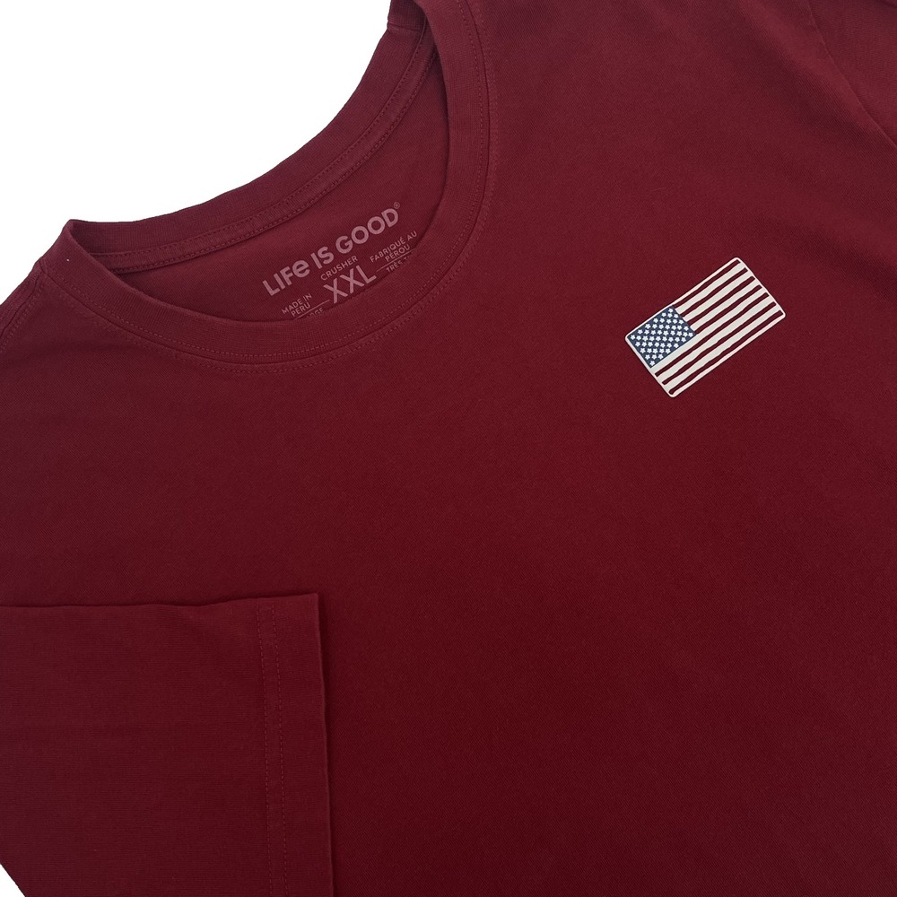 LIFE IS GOOD Men's XXL Dark Red AMERICAN FLAG Short-Sleeve Crusher Tee T-Shirt